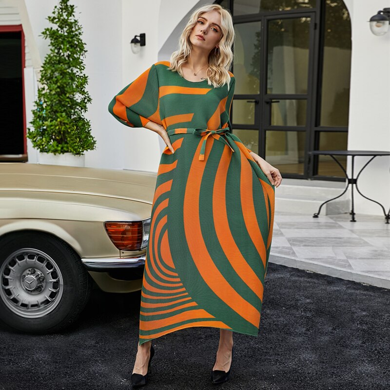 Fall Loose women pleated designer dress with Sashes orange stripes Bohemian dress high fashion aesthetic indie clothes