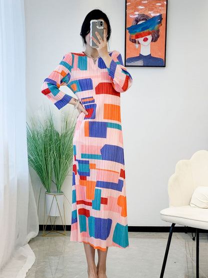 Miyake Pleated Plaid Check Printed Dress Women 2023 New Spring Clothes High Fashion Korean Fashion Long Dress Designer Clothes