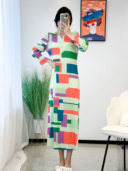 Miyake Pleated Plaid Check Printed Dress Women 2023 New Spring Clothes High Fashion Korean Fashion Long Dress Designer Clothes