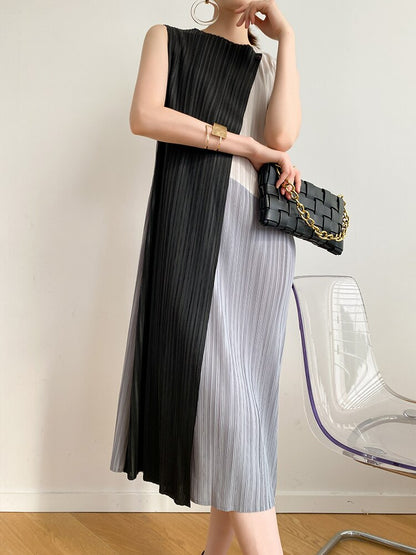 Patchwork Pleated Sleeveless Dress For Women 2023 Summer Color Block Irregular Dresses Female Elegant Clothes