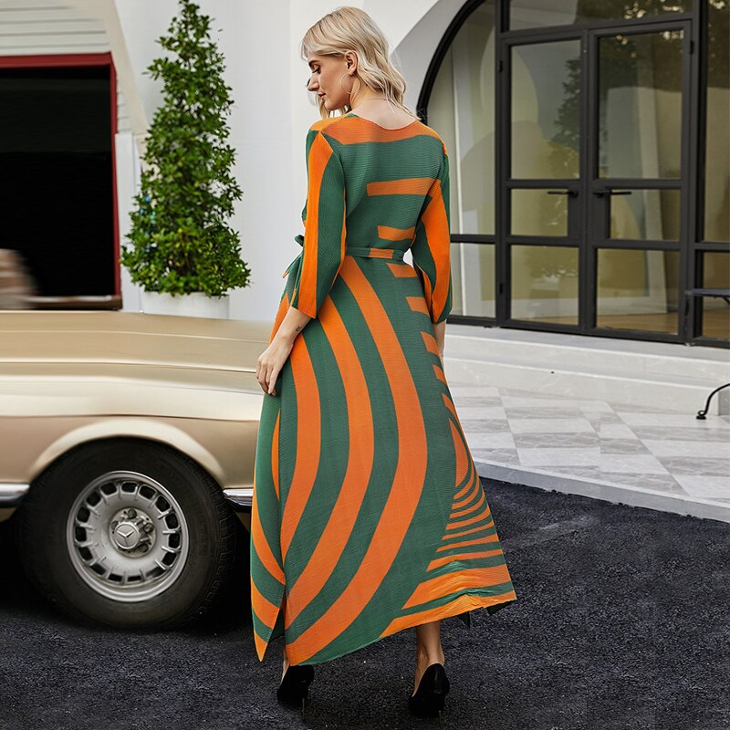 Fall Loose women pleated designer dress with Sashes orange stripes Bohemian dress high fashion aesthetic indie clothes