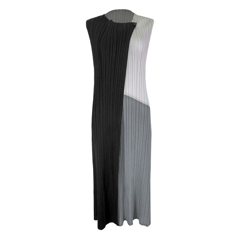 Patchwork Pleated Sleeveless Dress For Women 2023 Summer Color Block Irregular Dresses Female Elegant Clothes