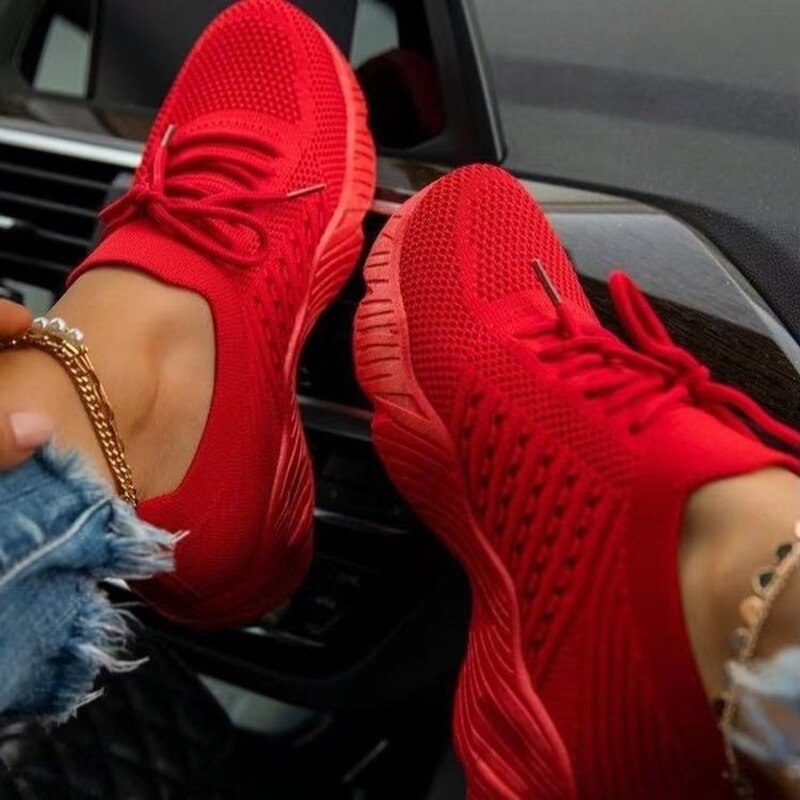 New Women Casual Shoes Ladies Sport Sneakers Lace Up Running Shoe Woman Red Platform Sneaker Wedges Vulcanized Mesh Trainers