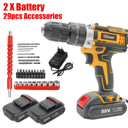 Gisam Cordless Impact Drill Electric Screwdriver Rechargeable Handheld Hammer Drill 350Nm Torque Driver 21V Lithium Battery