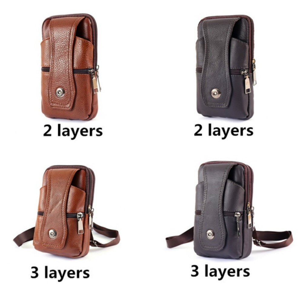 Men Leather Waist Bag Large Capacity Belt Bag Brown Shoulder Bags Crossbody Bags Multi-layer Buckle Mobile Phone Bag Bum Pouch