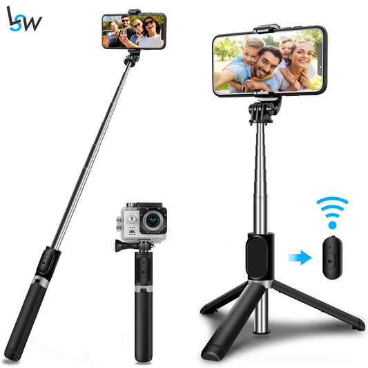 Selfie-Stick Tripod Stand with Wireless Bluetooth Remote adjustable 100cm Lightweight Portable for Phone and GoPro
