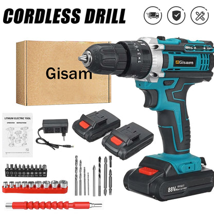 Gisam Cordless Impact Drill Electric Screwdriver Rechargeable Handheld Hammer Drill 350Nm Torque Driver 21V Lithium Battery